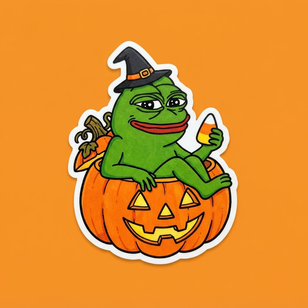 Pepe in a witch hat lounging inside a jack-o-lantern holding candy corn