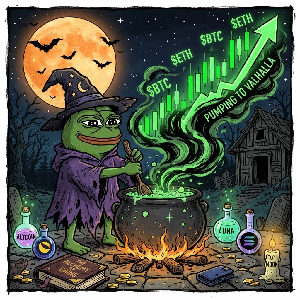 Witch Pepe stirring a cauldron with a green chart rising from it