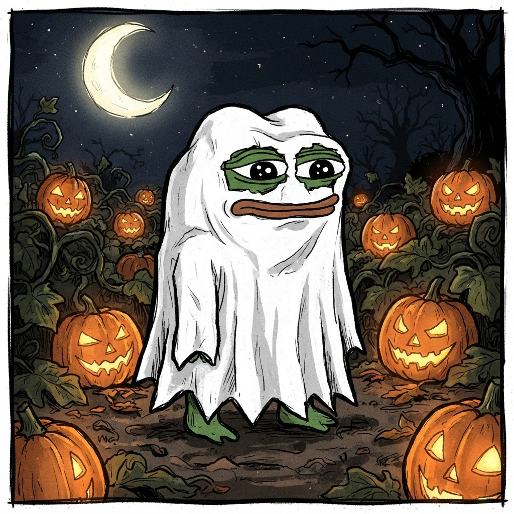 Pepe wearing a bedsheet ghost costume in a moonlit pumpkin patch