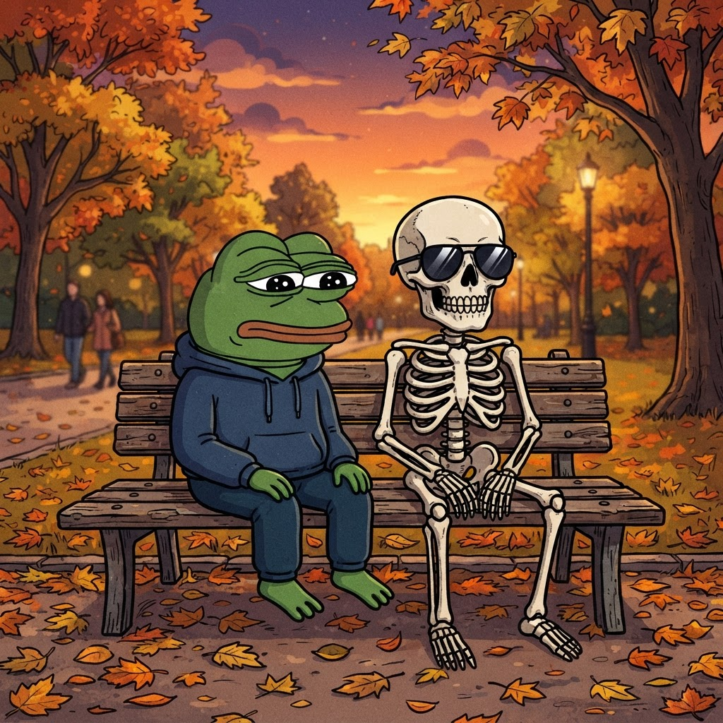 Pepe sitting on a bench next to a skeleton wearing sunglasses